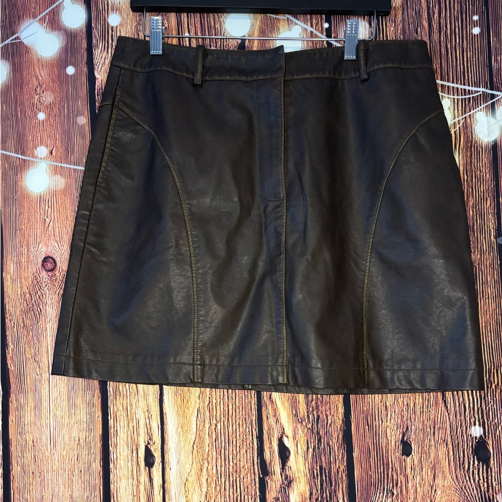 Crescent Distressed Brown Vegan Leather Mini Skirt